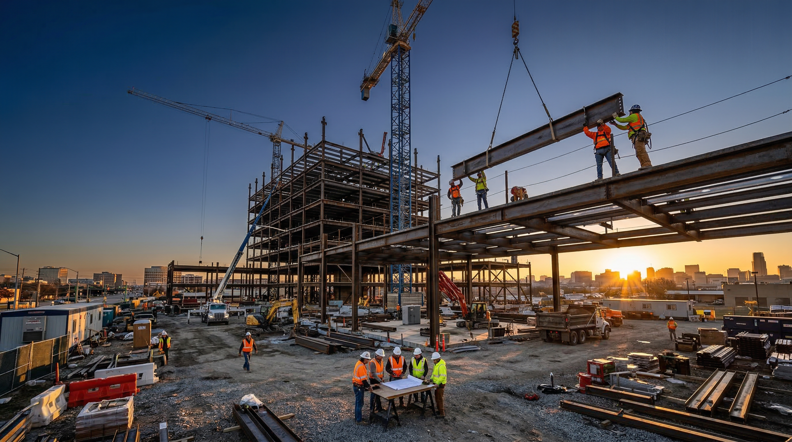 Construction site with steel framework and workers at sunrise