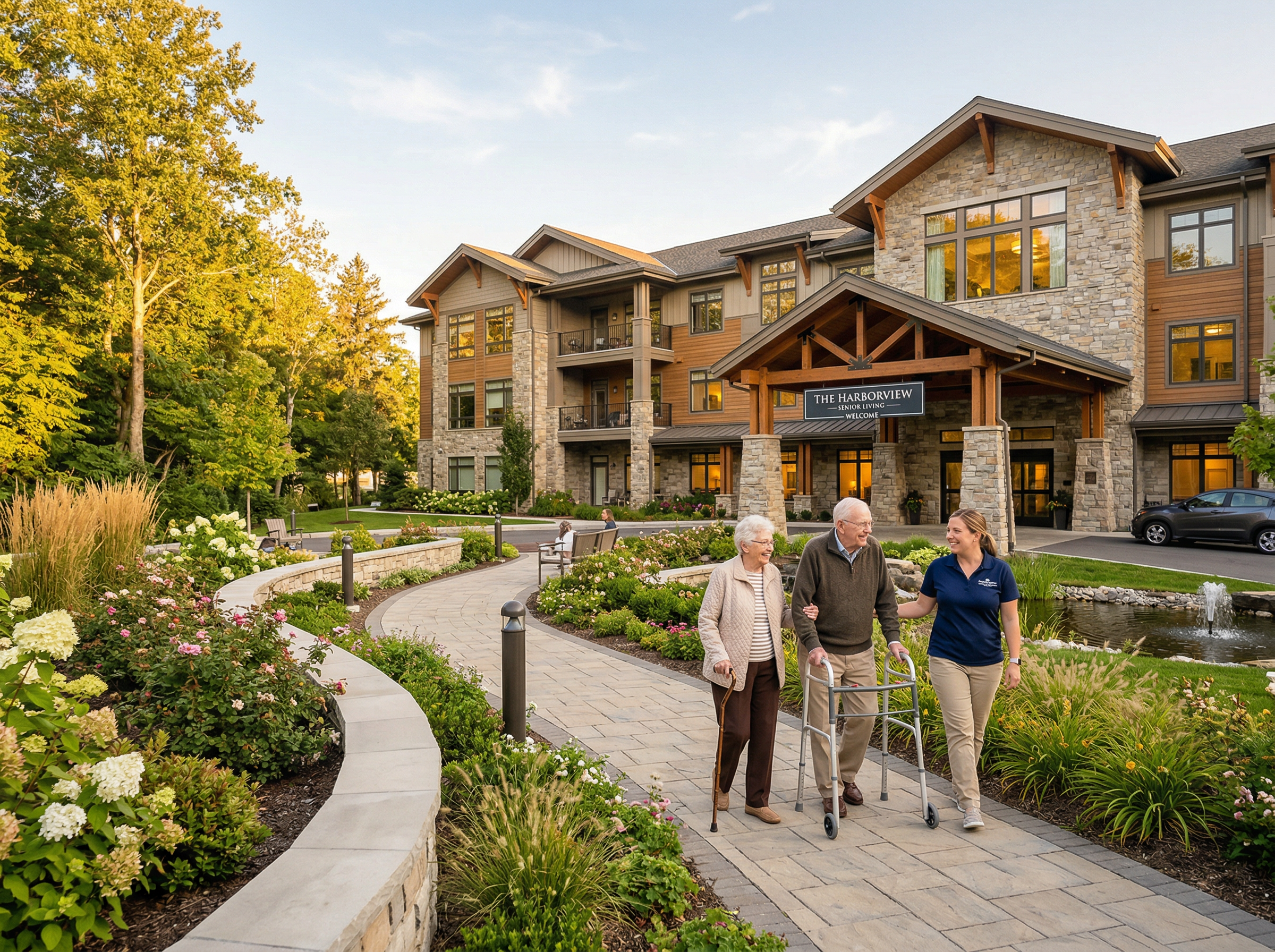 Modern senior living community with landscaped grounds