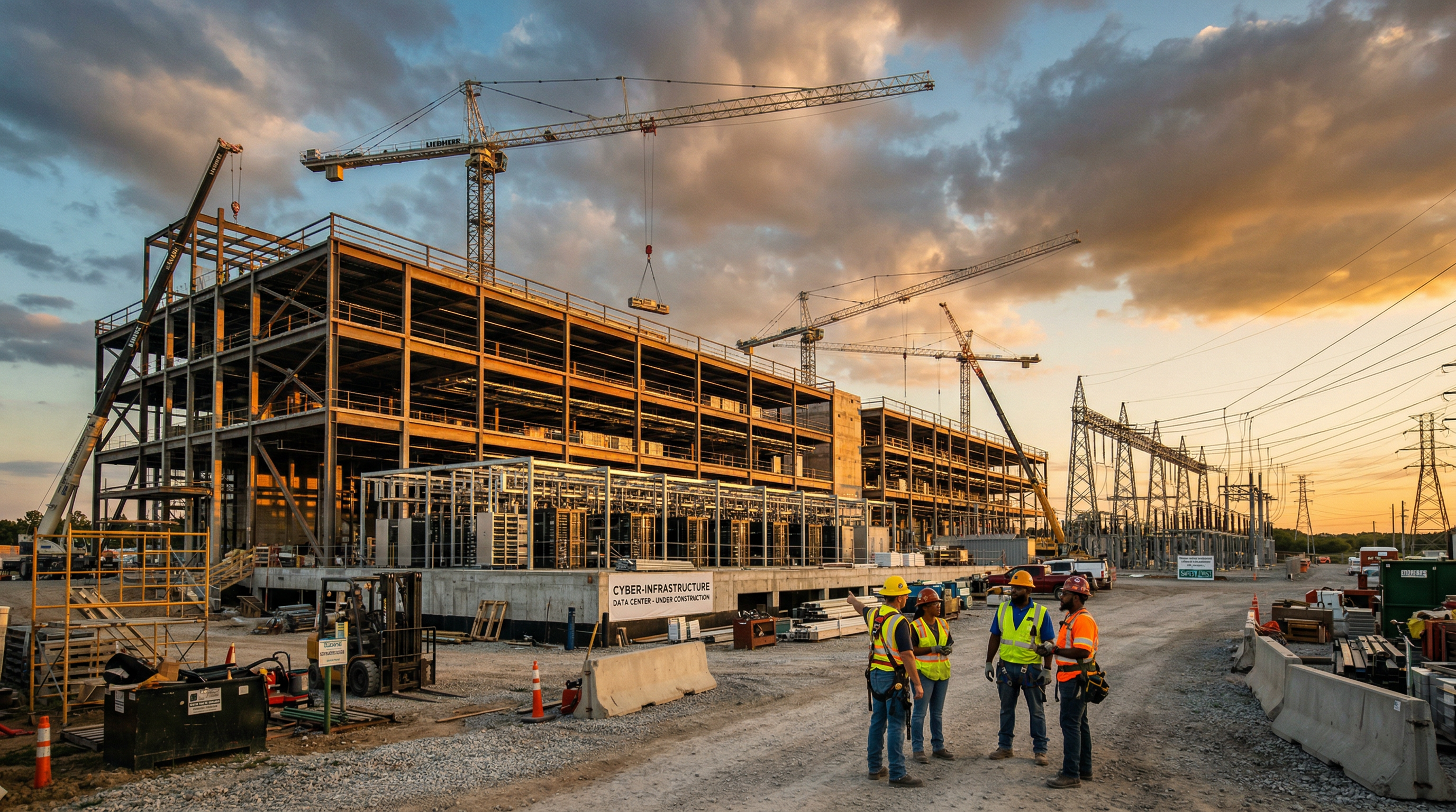 Massive data center facility under construction with cranes and steel framework