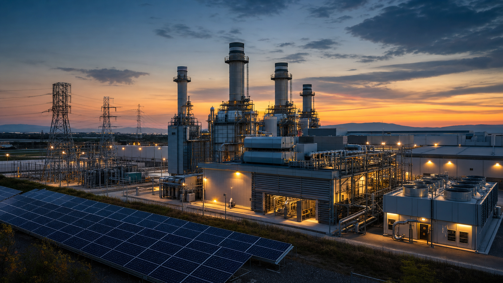 Industrial manufacturing facility with behind-the-meter natural gas generation and solar array at dusk
