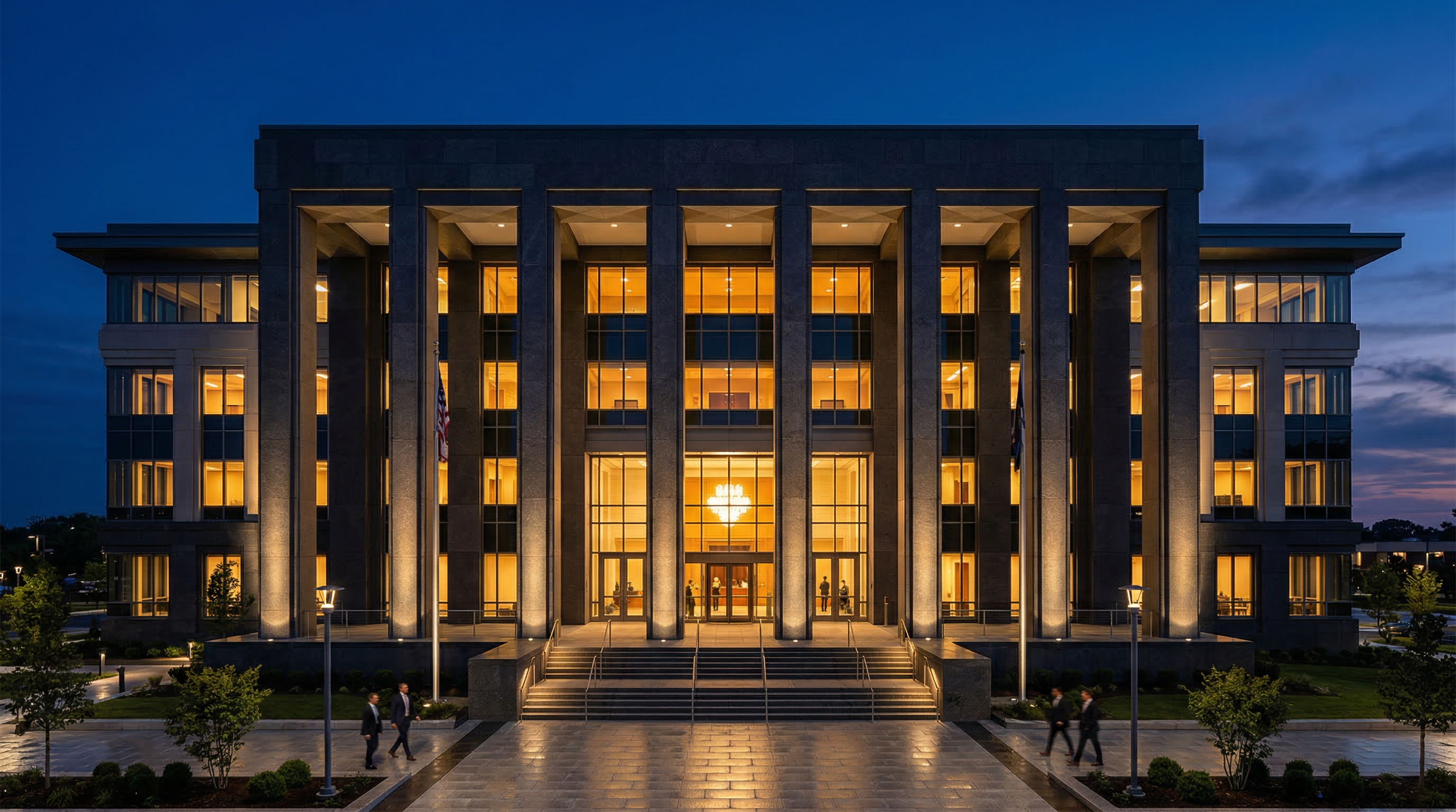 Modern courthouse exterior at dusk