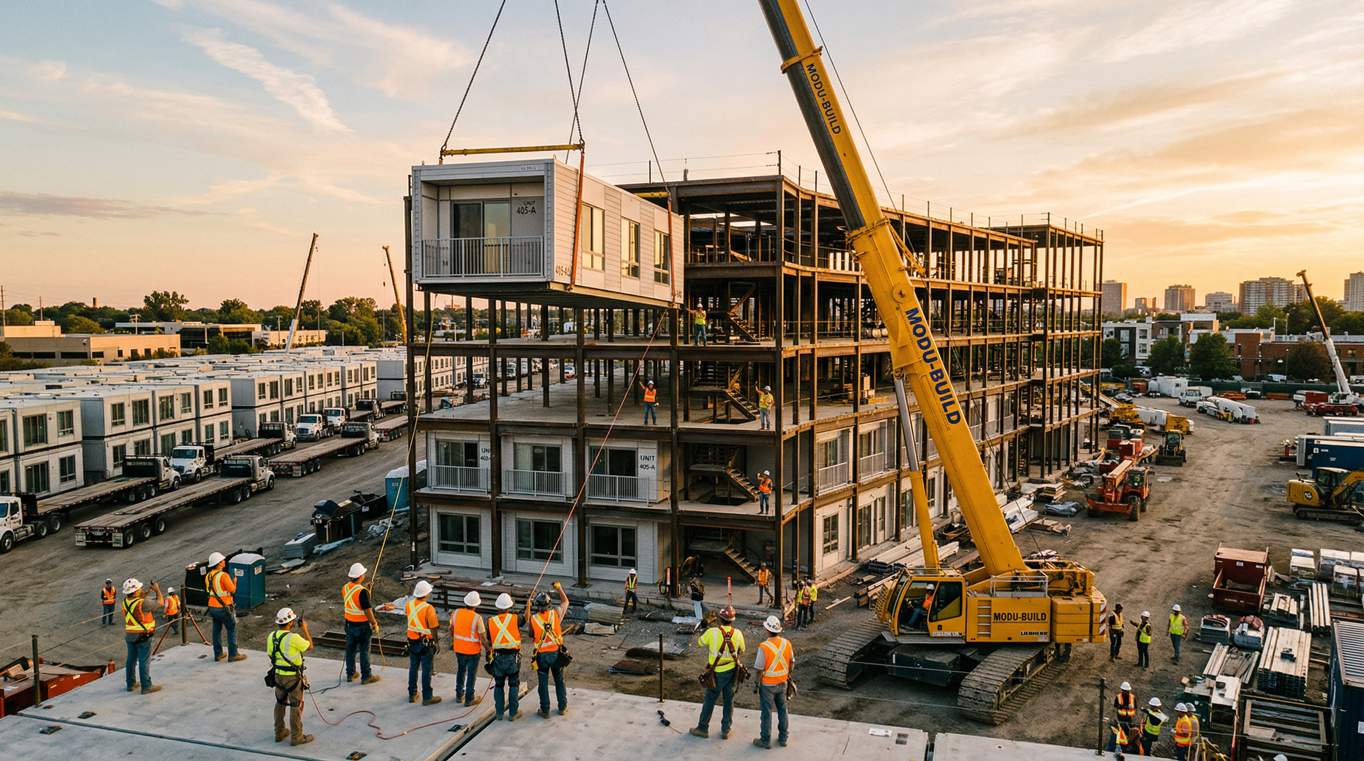 Modular building sections being lifted by crane onto a multi-story structure