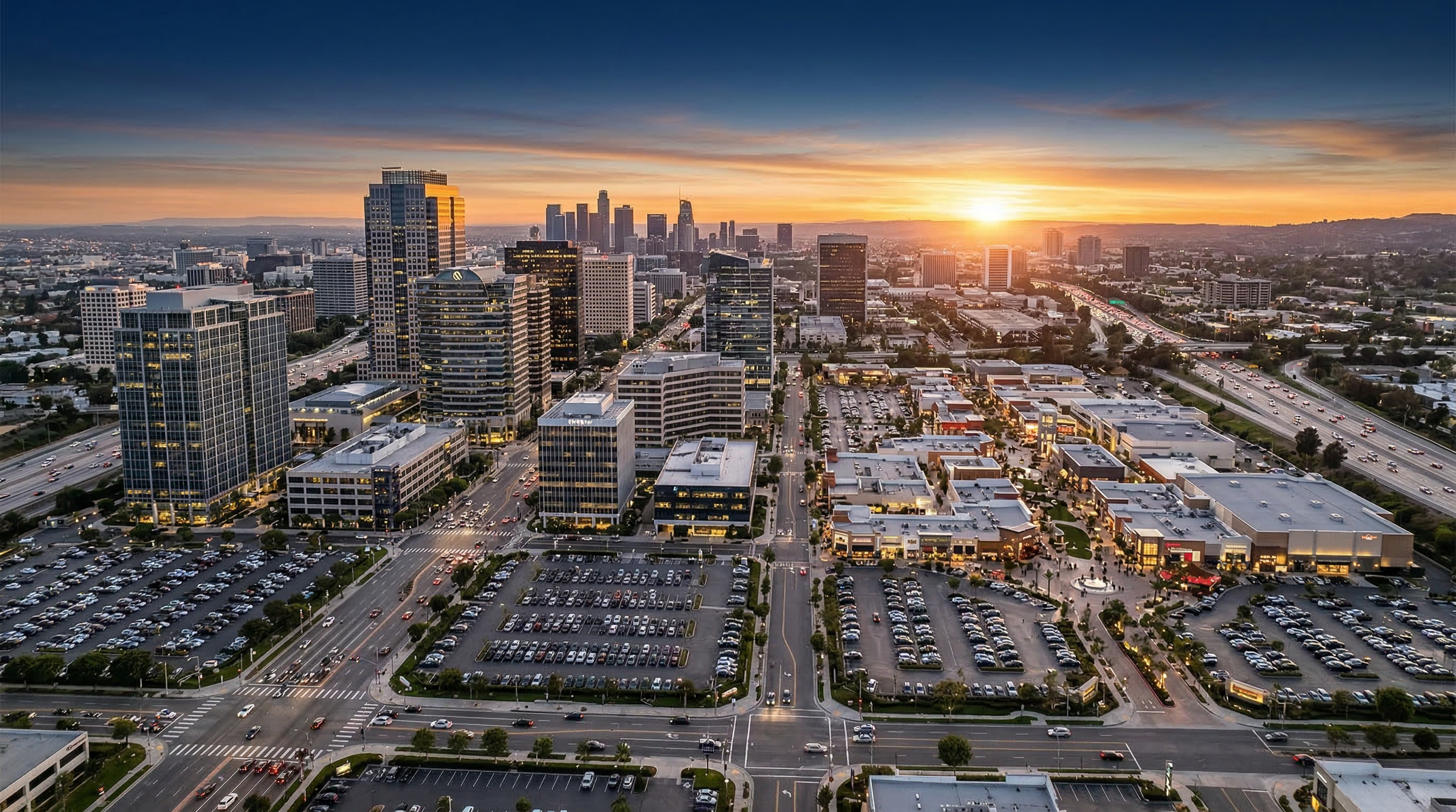 Commercial property portfolio at sunset