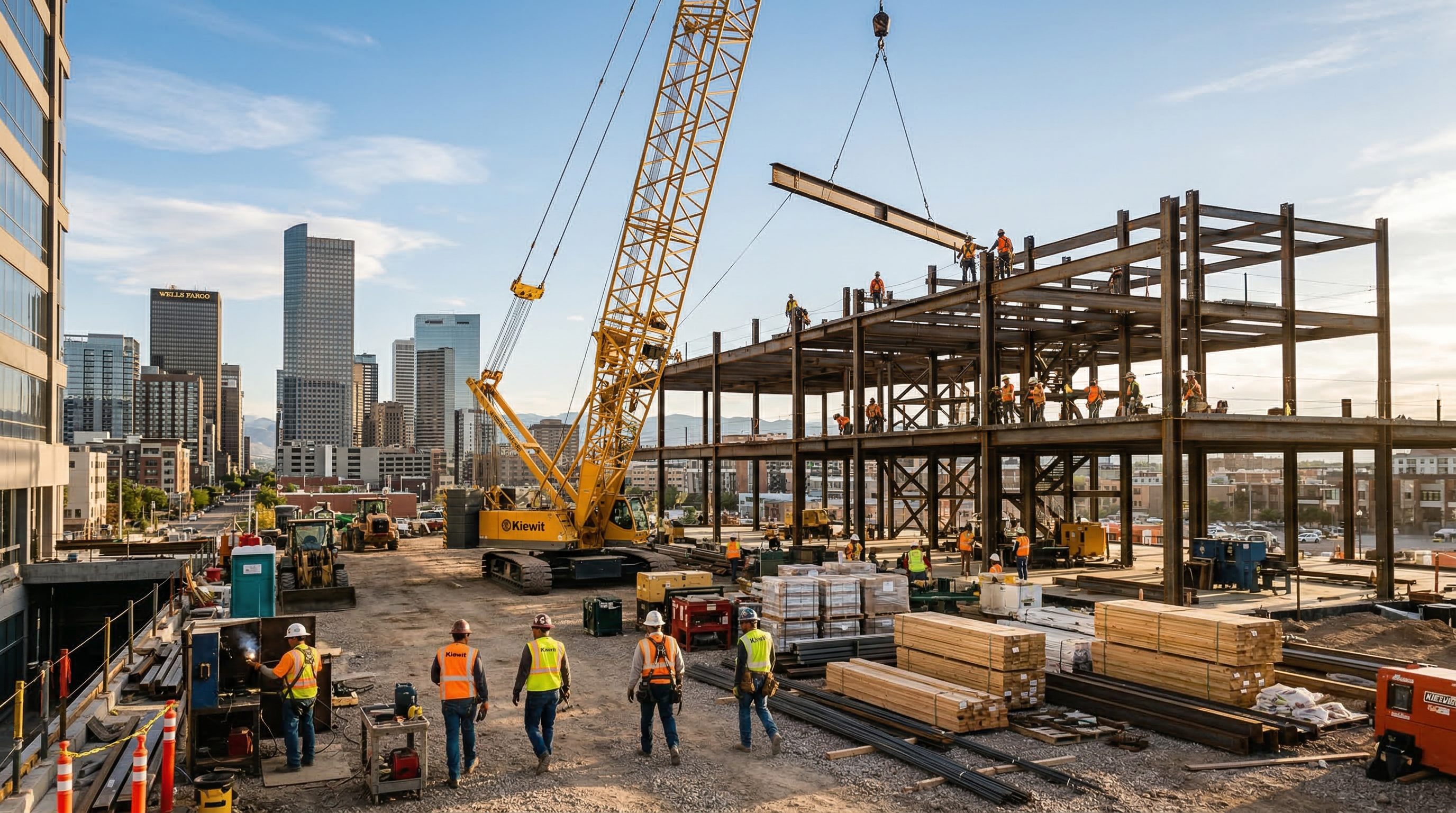 Commercial construction site with steel structure, crane, and workers