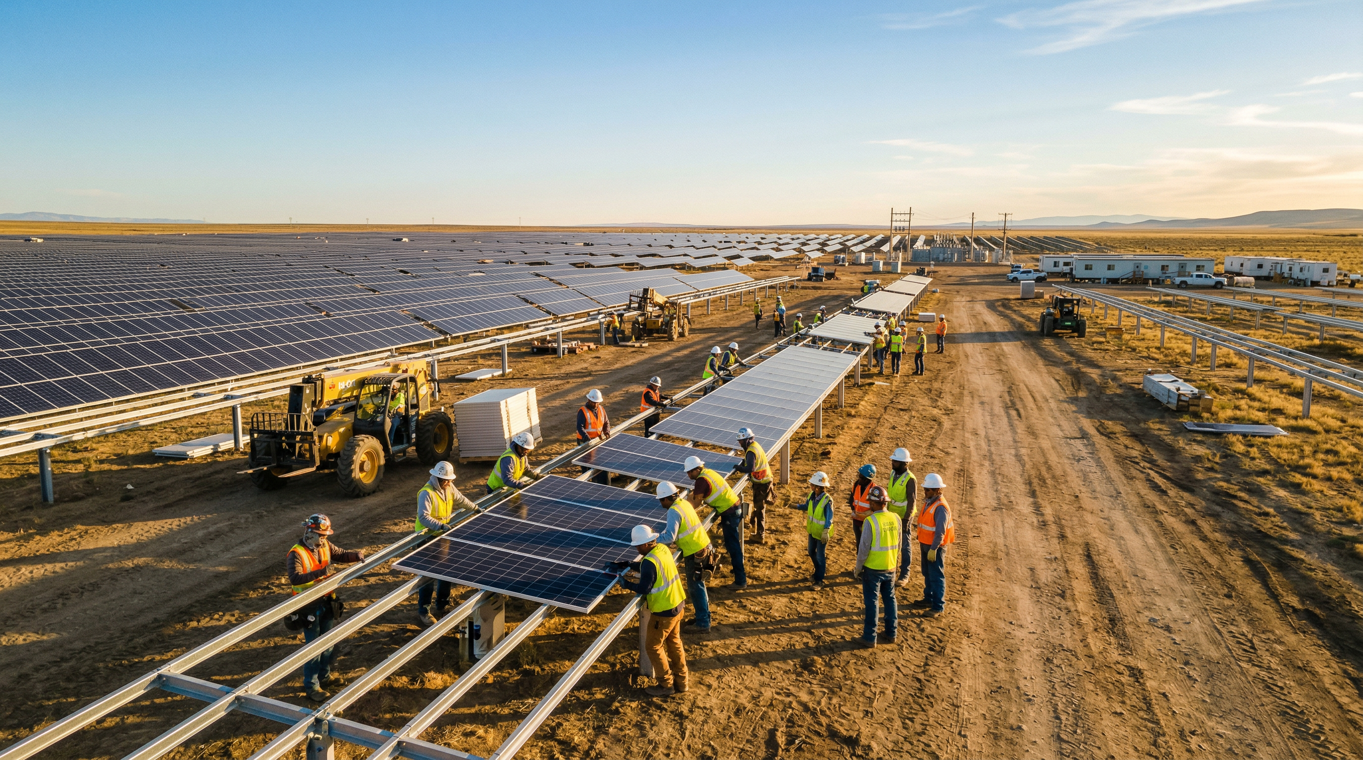 Utility-scale solar farm under construction across open rural landscape