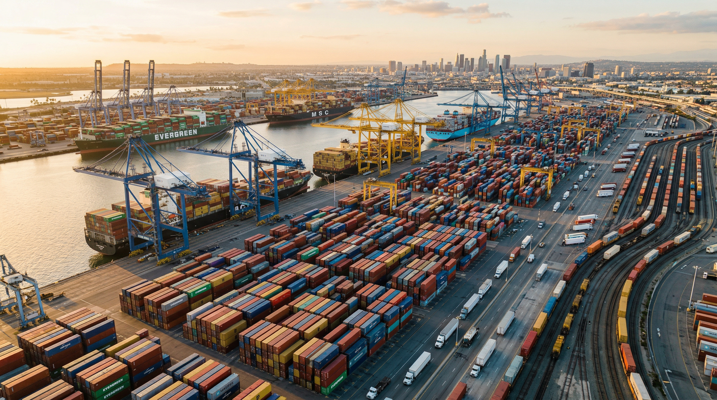 Aerial view of a busy shipping port with containers and cargo vessels